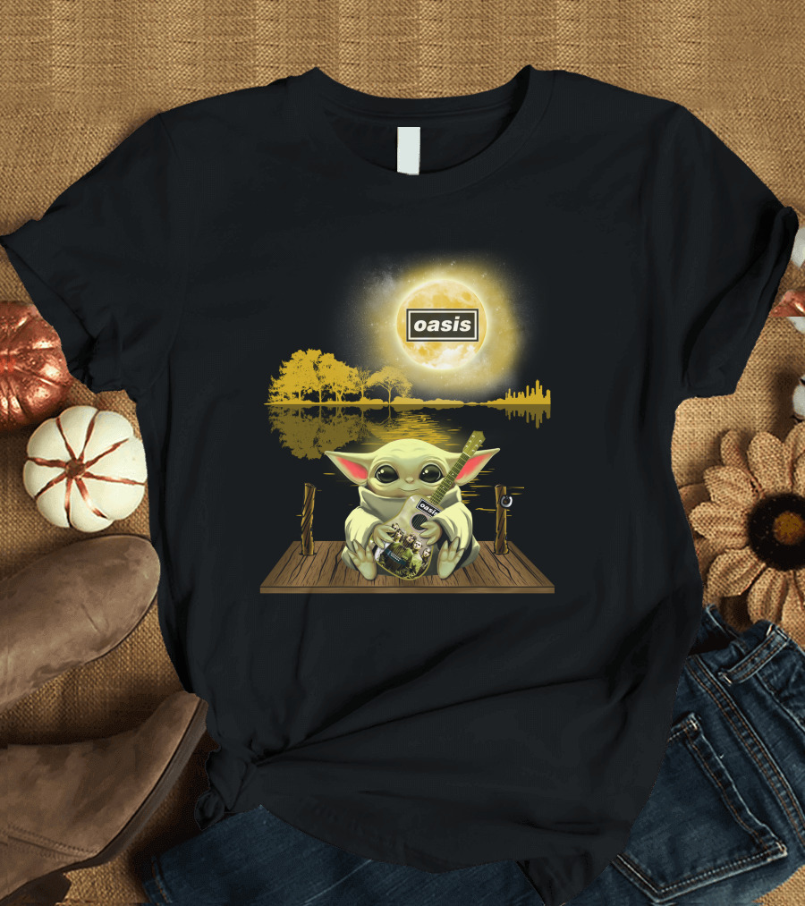 Oasis Moon and Baby Yoda with Guitar on Dock T-Shirt