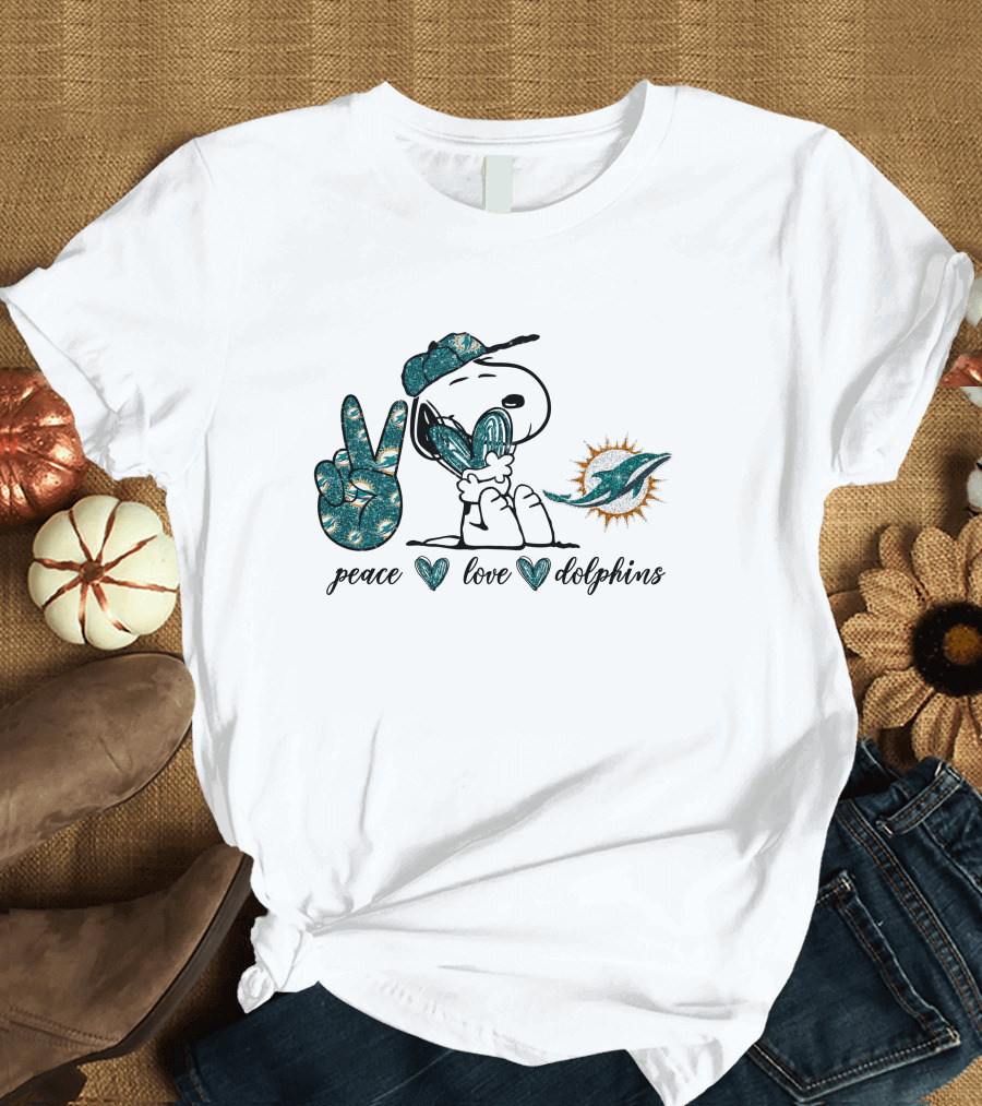 Peace Love Miami Dolphins Snoopy Fan Art Football T-Shirt