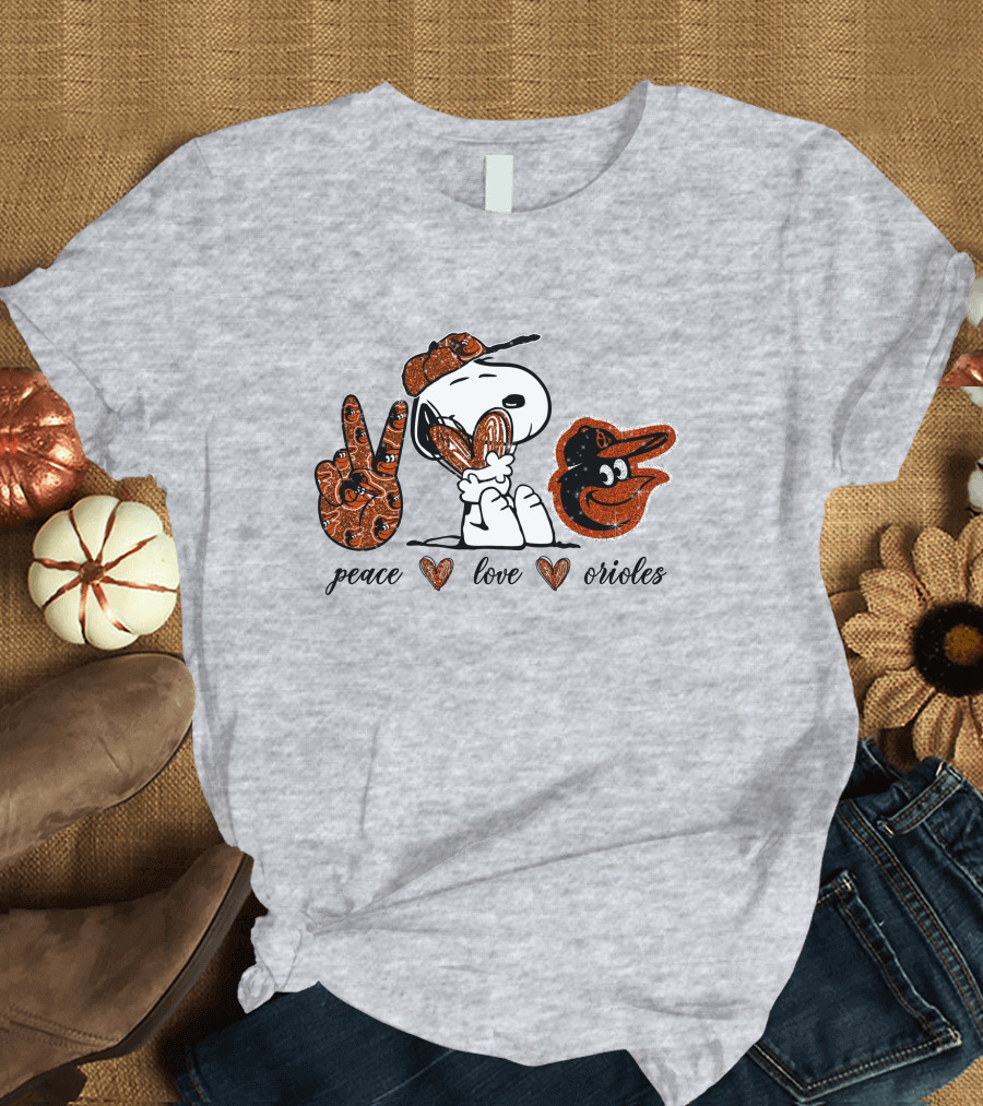 Peace Love Orioles Snoopy Style Baltimore Orioles T-Shirt