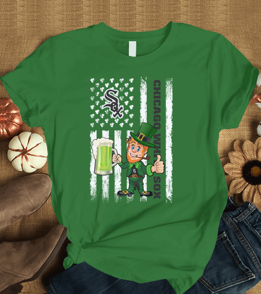 Chicago White Sox St Patrick's Day Leprechaun with Shamrock Beer and American Flag T-Shirt
