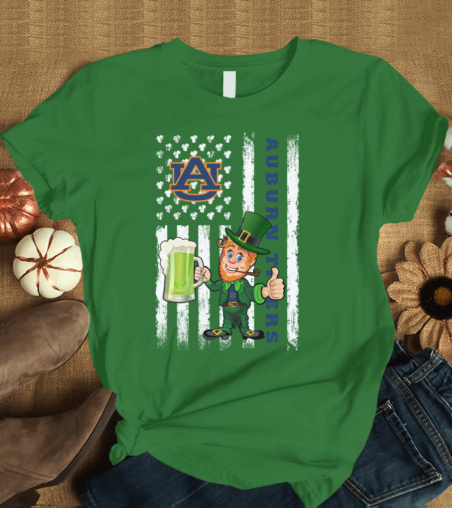 Auburn Tigers Leprechaun Holding Beer with Shamrocks St Patrick's Day T-Shirt