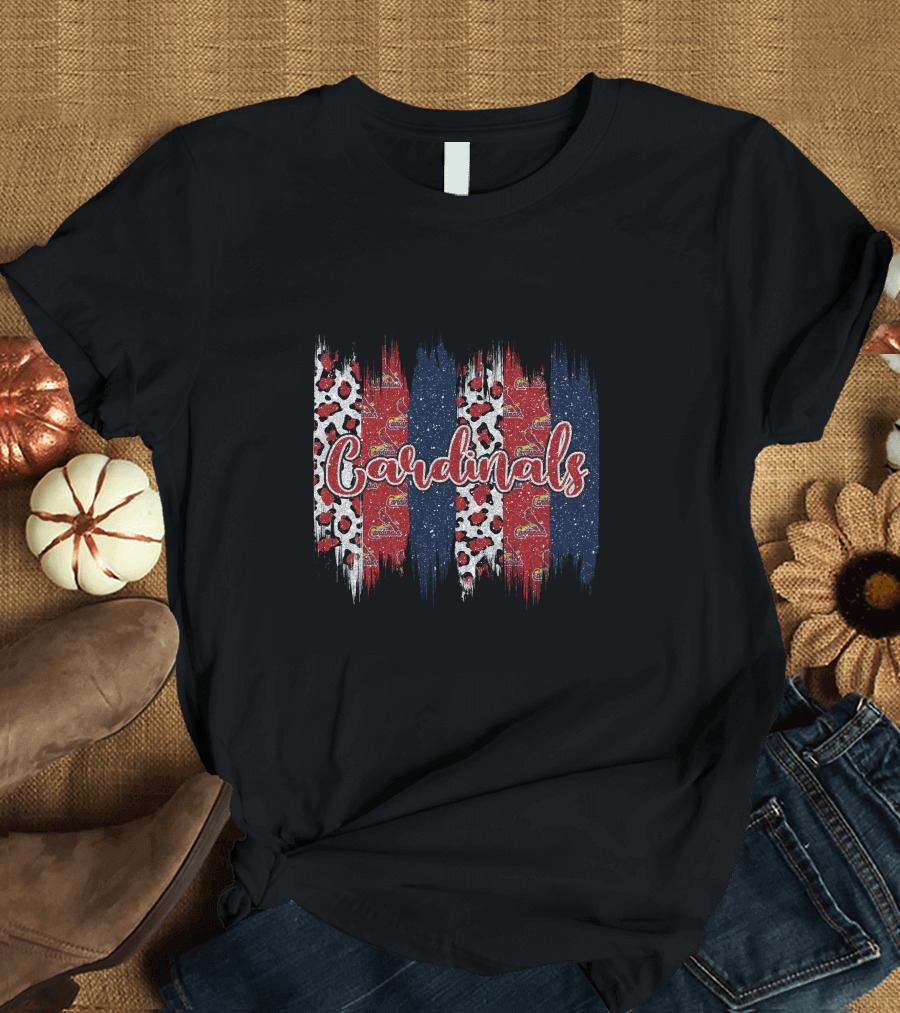 Cardinals Brushstroke Leopard Red White Blue Stars T-Shirt