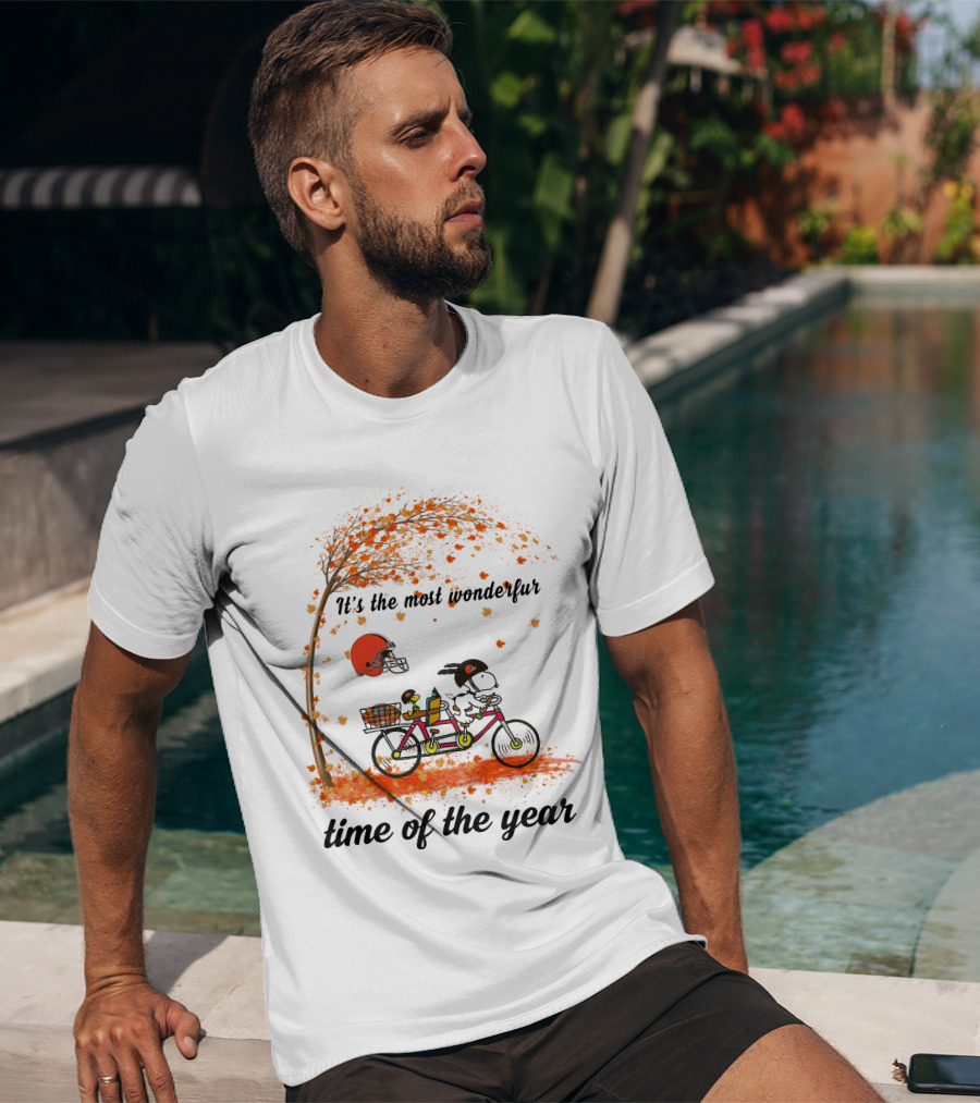 Cleveland Browns Baby Yoda Autumn Snoopy Tandem Bicycle It's The Most Wonderful Time Of The Year T-Shirt