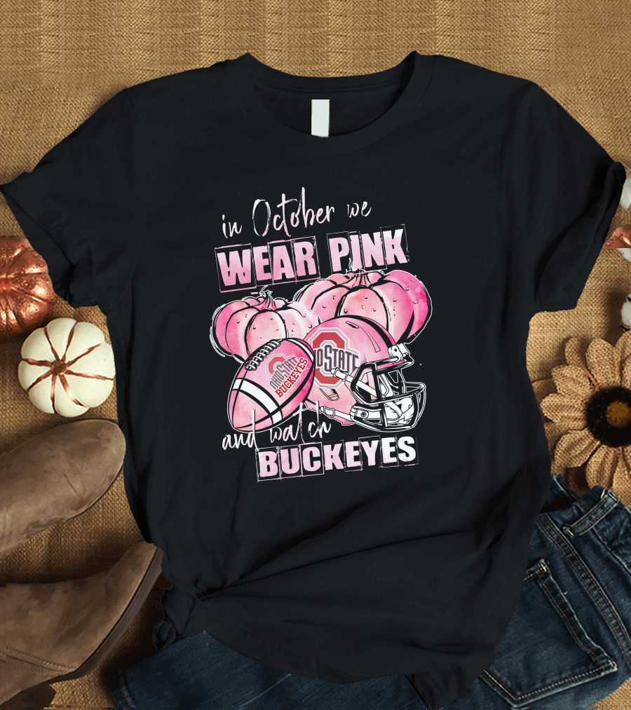 Ohio State Buckeyes In October We Wear Pink Football Helmet Pumpkins T-Shirt