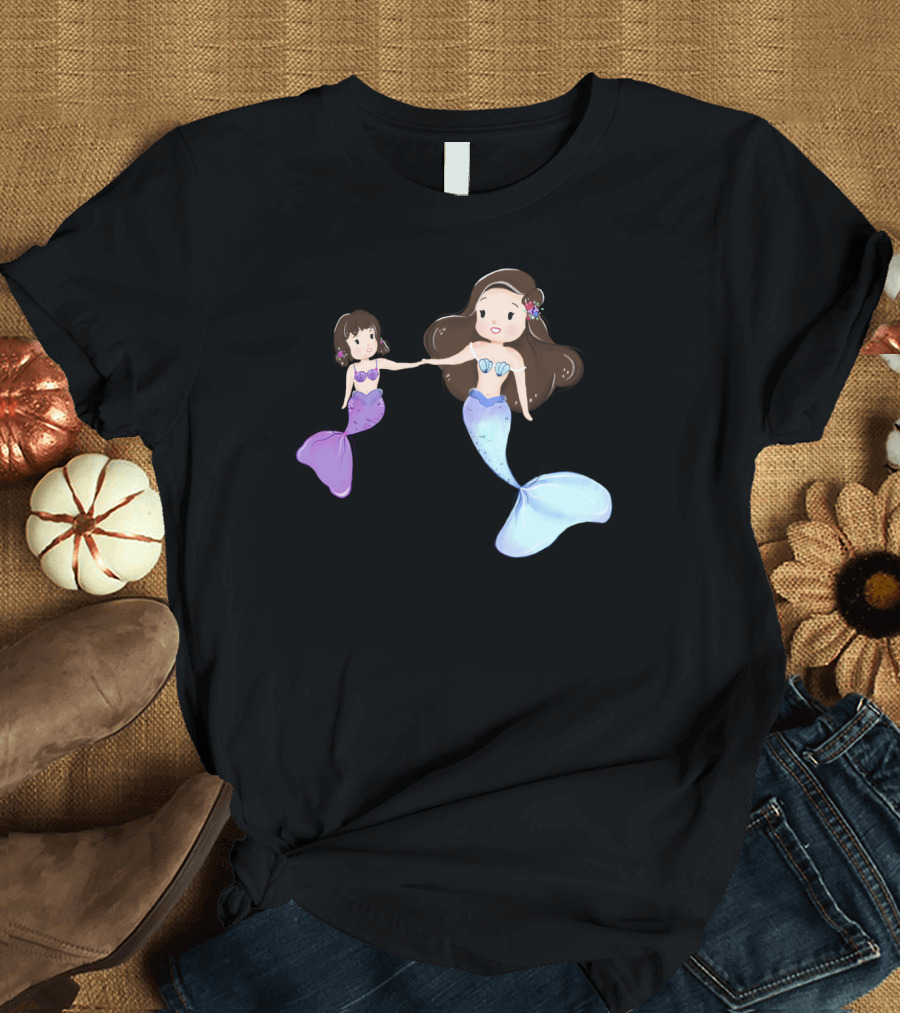 Mother Daughter Mermaids Holding Hands with Shell Accents T-Shirt