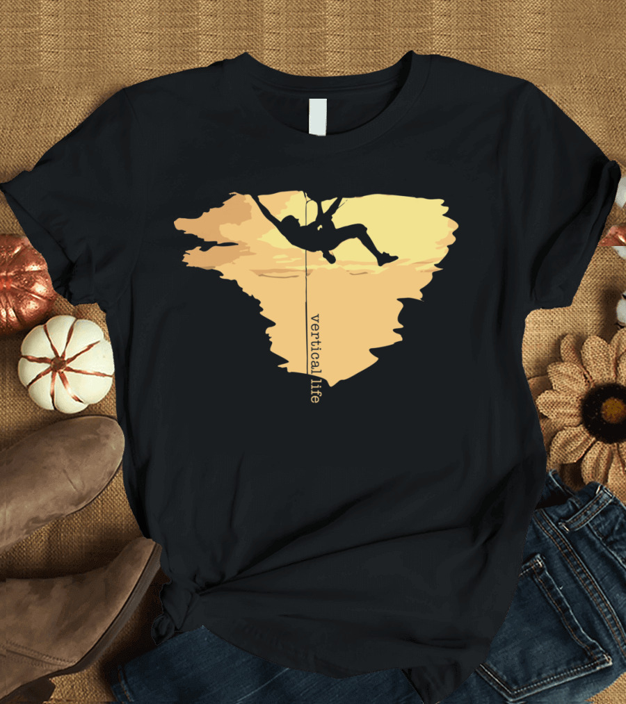 Vertical Life Rock Climbing Silhouette in Sunset Yellow T-Shirt