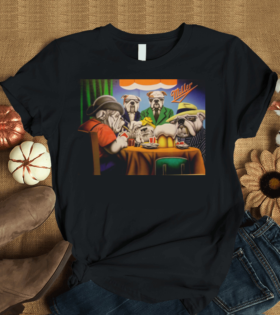 Bulldogs Playing Poker with Miller Beer Sign T-Shirt