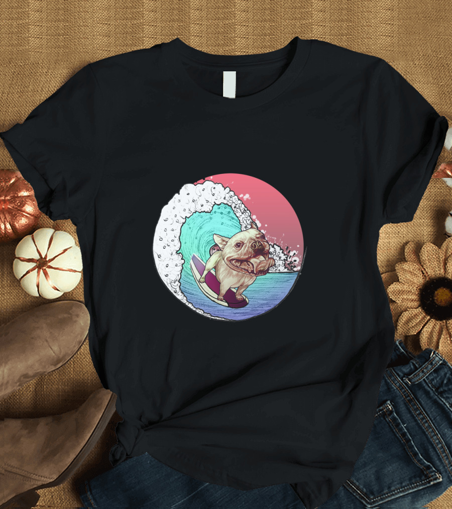 Surfer Bulldog Riding Wave Ocean Adventure T-Shirt