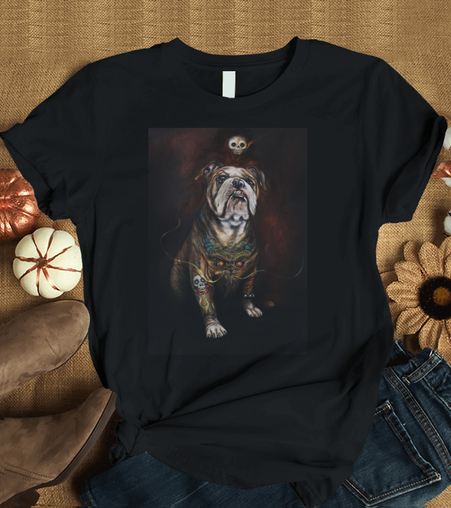 Tattooed Bulldog with Skulls and Dragon-Themed T-Shirt
