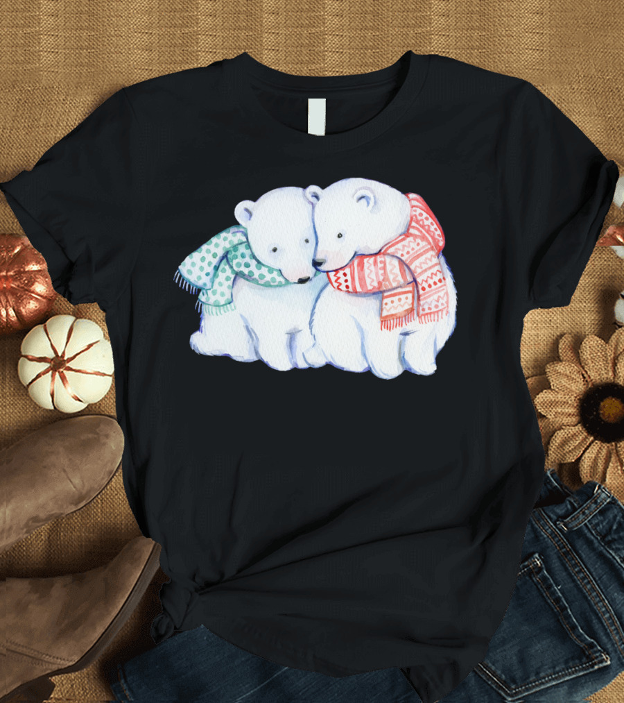 Polar Bear Pair in Cozy Patterned Scarves Embracing T-Shirt