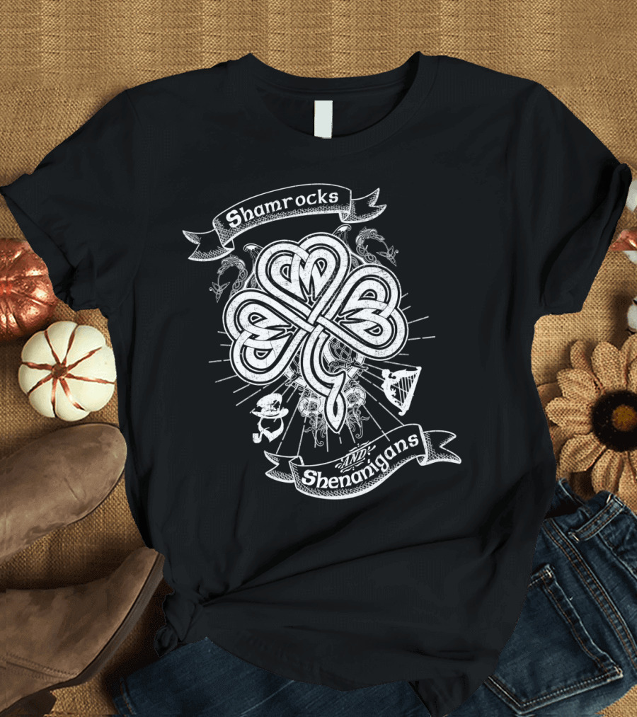 Shamrocks and Shenanigans Intricate Celtic Knot with Harp and Dancing Leprechaun T-Shirt