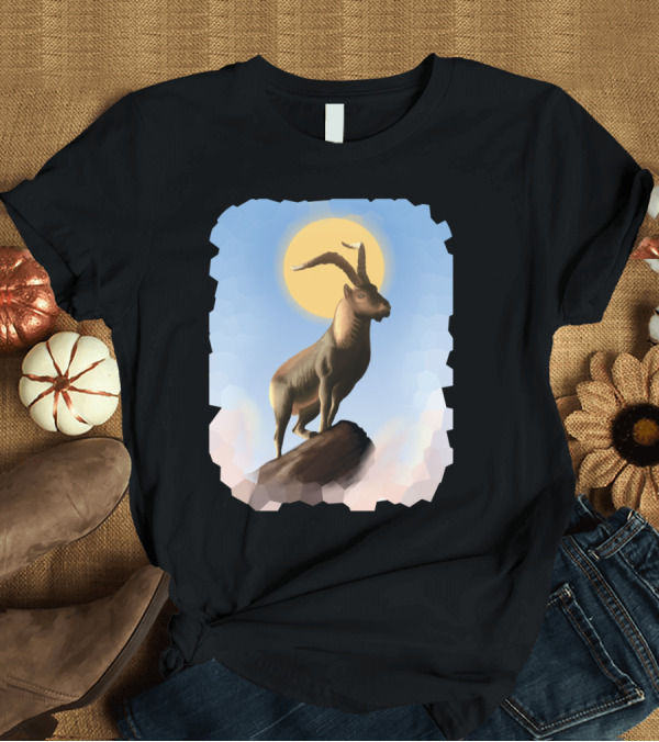 T-Shirt: Legendary Holy Goat Mountain Silhouette with Halo in Majestic Sunrise Scene T-Shirt Legendary Holy Goat Mountain Silhouette with Halo in Majestic Sunrise Scene T-Shirt
