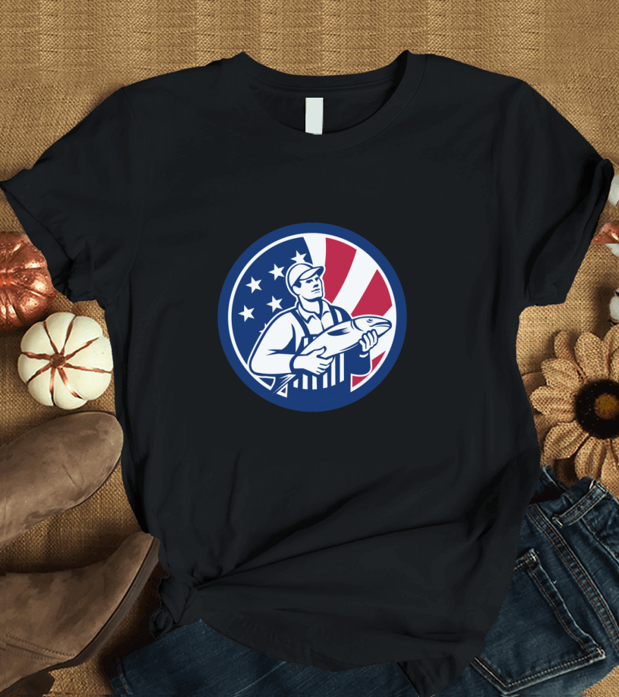 Union Jack Fishmonger Holding Fish with American Flag Stars and Stripes Circle Background T-Shirt