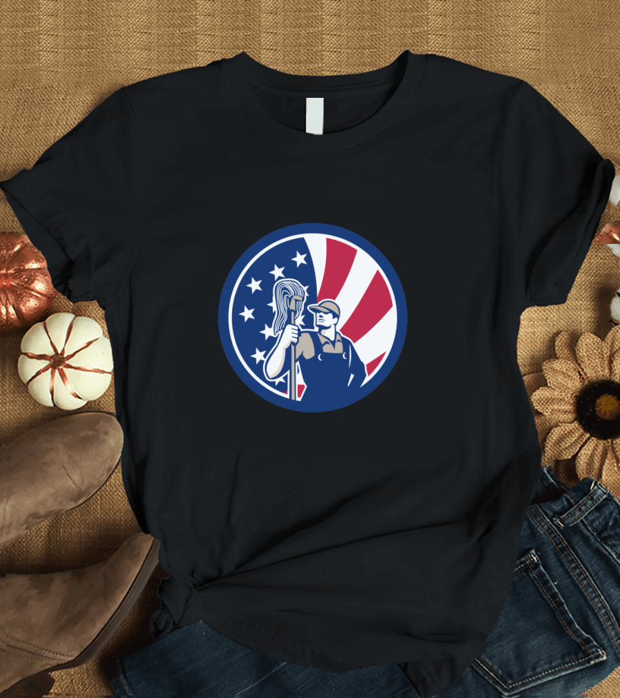 American Industrial Cleaner Icon with USA Flag Imagery Worker Holding Mop T-Shirt
