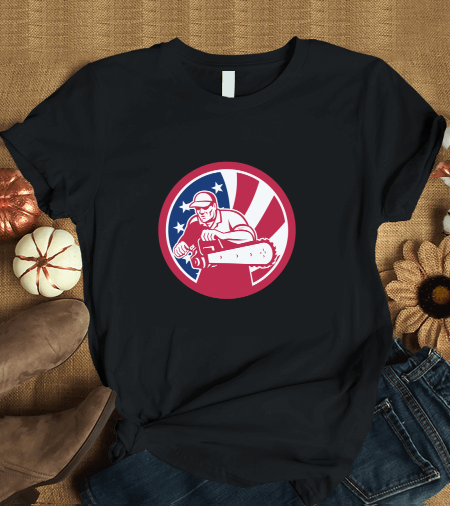 American Lumberjack with Chainsaw in USA Flag Circle T-Shirt