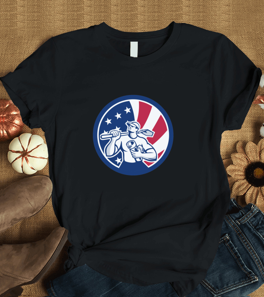 American Drainlayer Holding Tools with USA Flag Badge T-Shirt