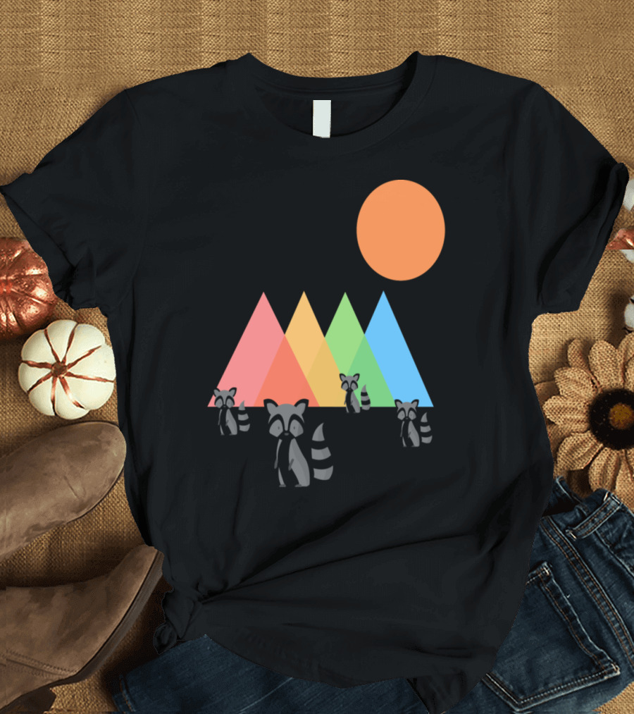 Raccoons in Geometric Pastel Mountain Landscape with Orange Sun T-Shirt