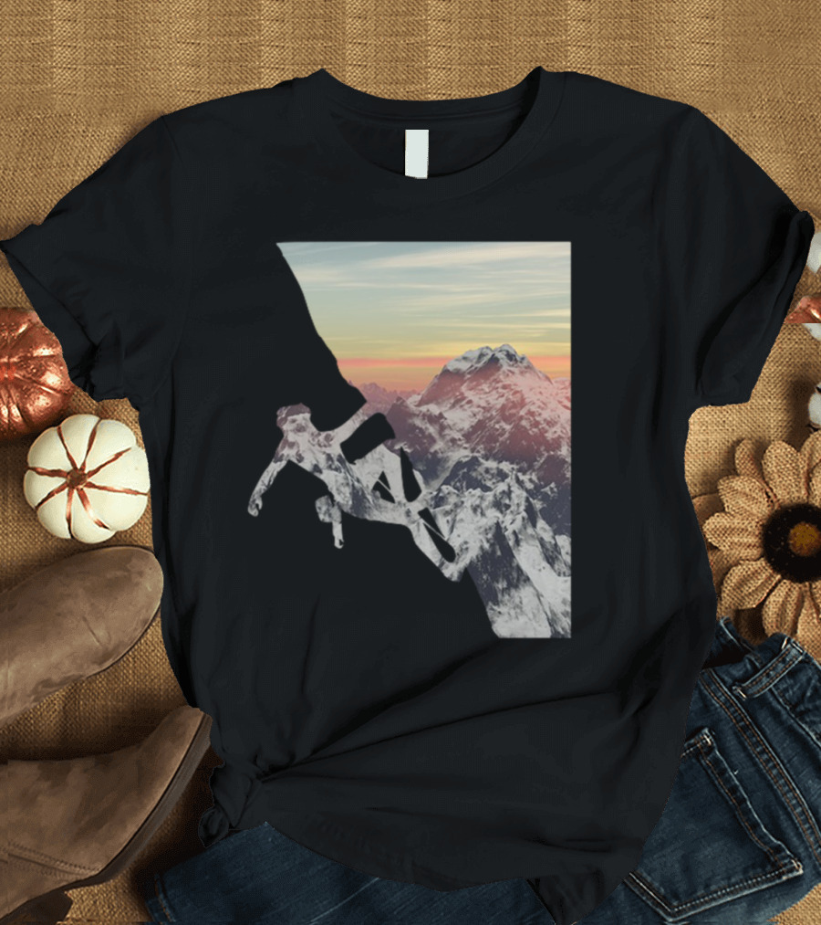 Mountain Range Climber Silhouette Against Sunset Sky T-Shirt