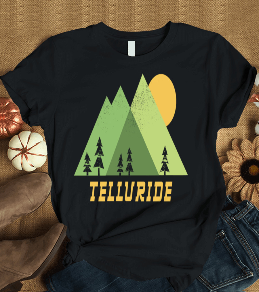 Telluride Mountains Colorado Iconic Sun and Trees T-Shirt