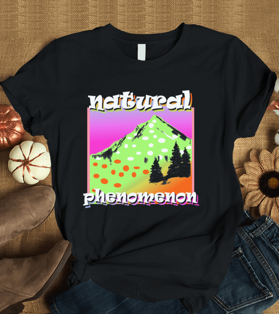 Natural Phenomenon Vibrant Mountain Scene with Trees and Polka Dots T-Shirt