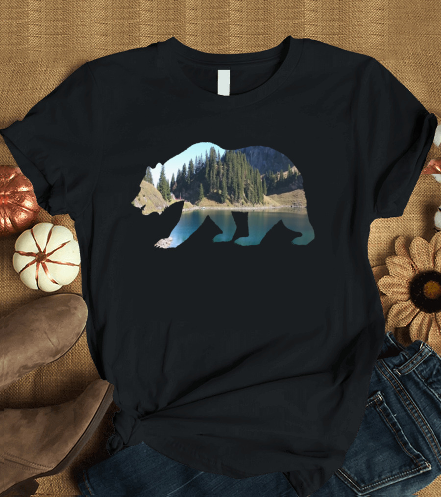 Baer in the Mountains Silhouette with Scenic Forest and Lake T-Shirt