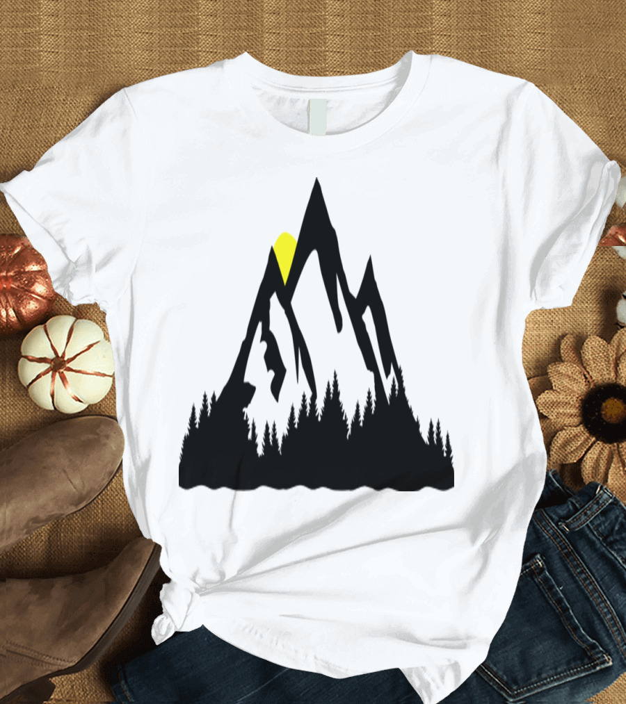 I don't have access to the image's text, but based on the description, a relevant title using confirmed context could be: Sunlit Peaks and Woodland T-