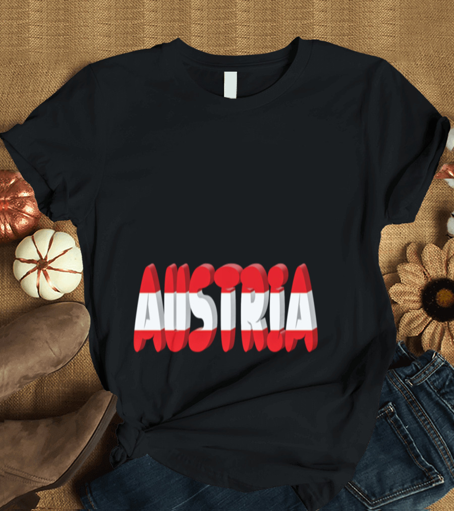 Austria Mountains Red and White Text with Alpine Peaks T-Shirt