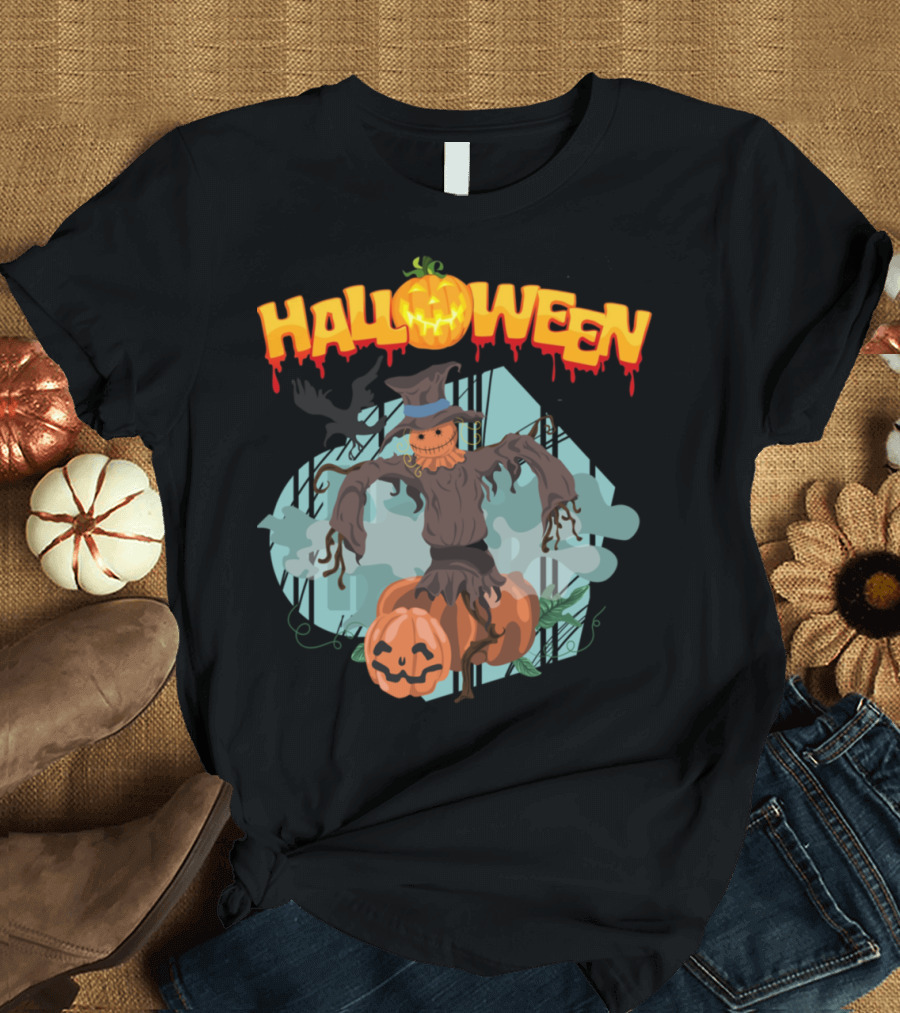 Halloween Jack-O'-Lantern and Scarecrow Scene T-Shirt