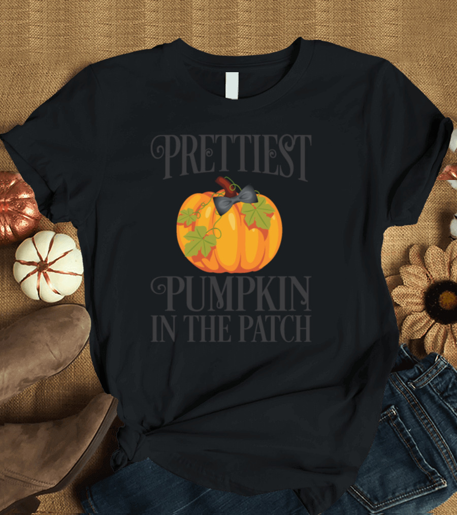 Prettiest Pumpkin In The Patch Black Bow Leaf Accents T-Shirt