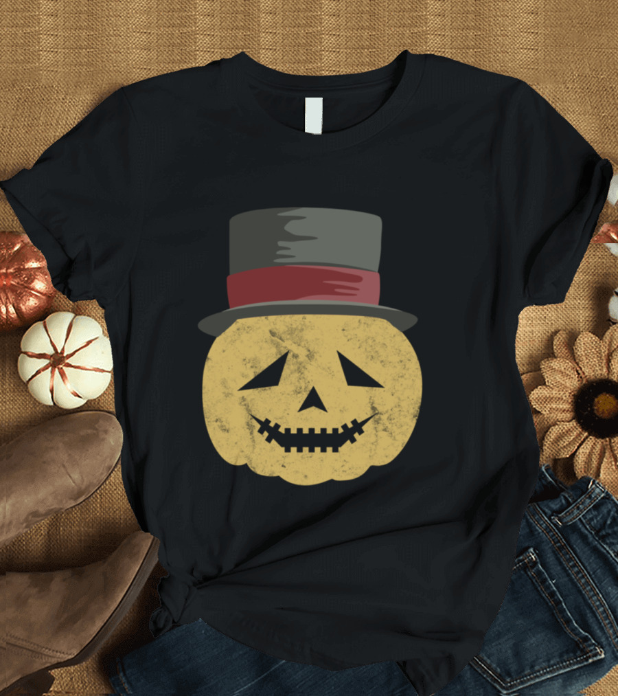 Scary Pumpkin Head with Hat and Grinning Face T-Shirt