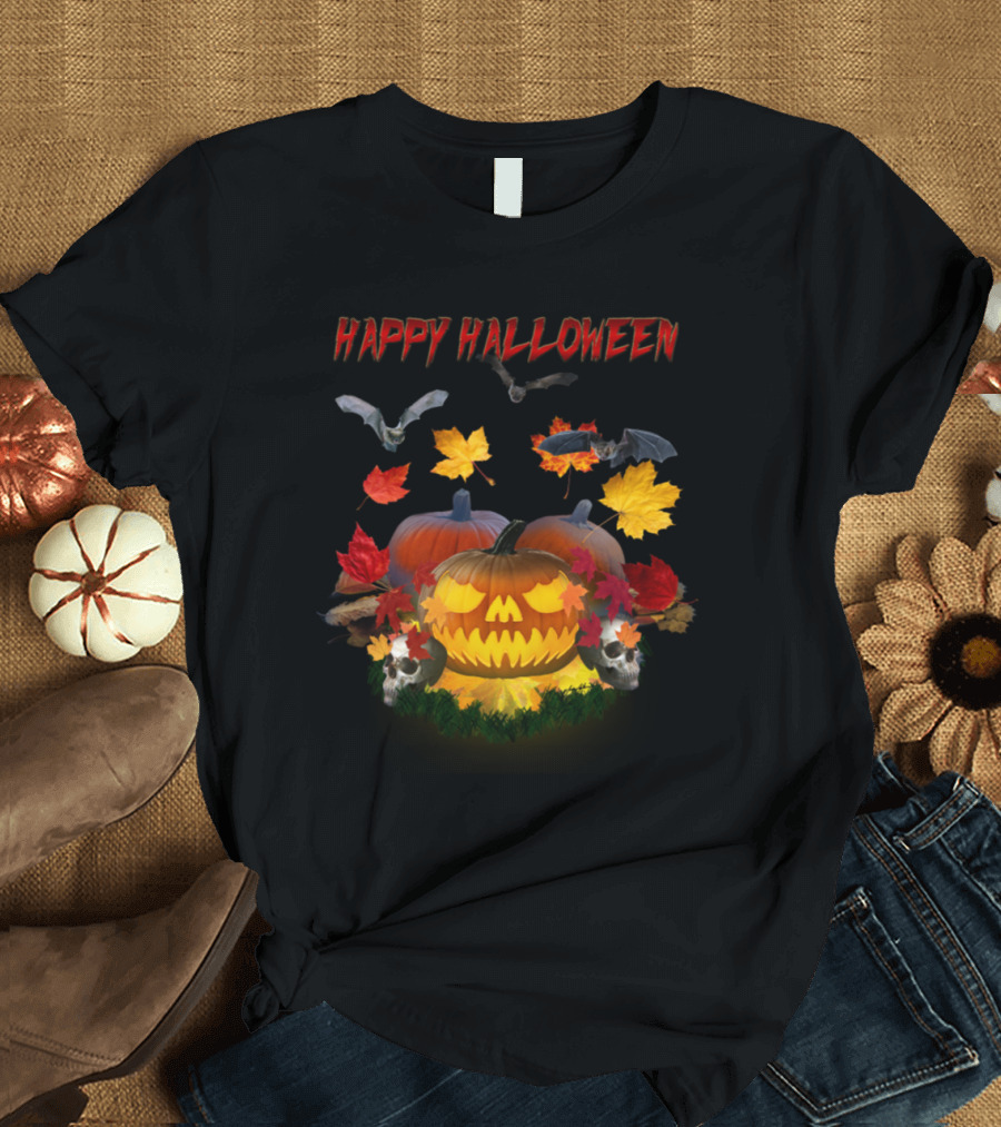 Happy Halloween Autumn Leaves Pumpkin Skulls Bats T-Shirt
