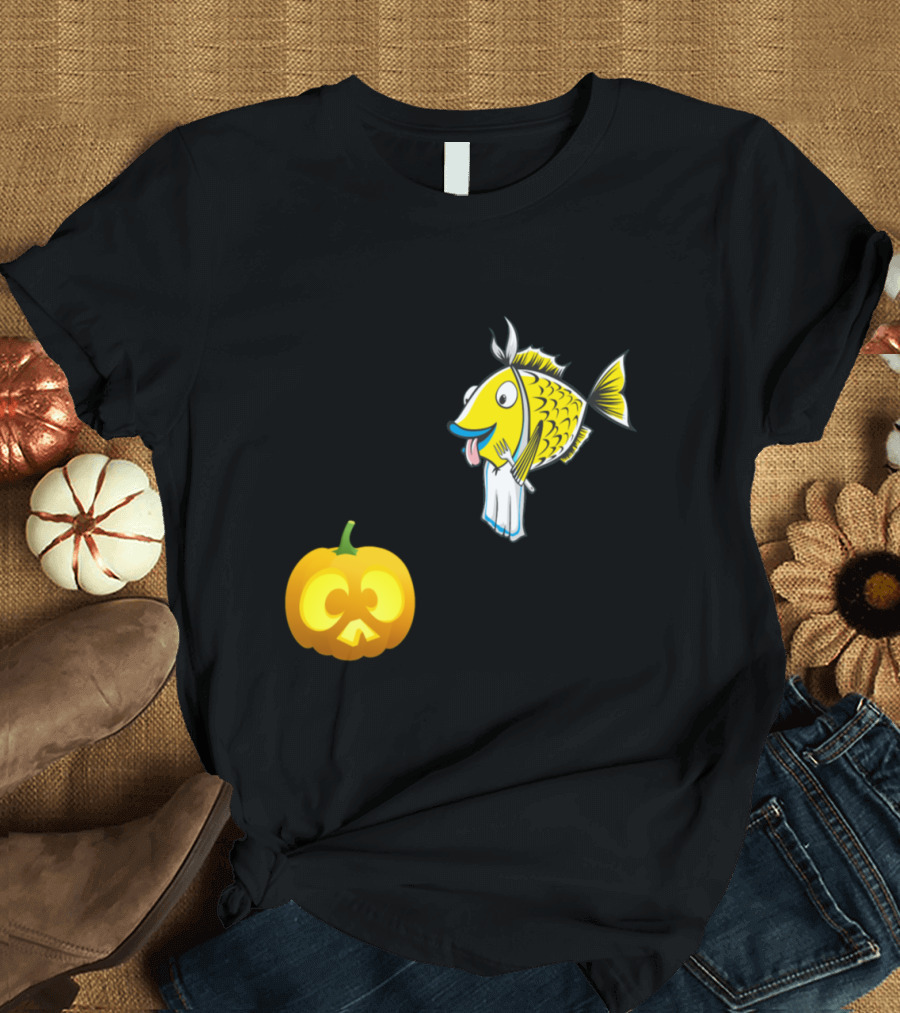 Funny Halloween Fish Eats a Pumpkin with Silly Expressions T-Shirt