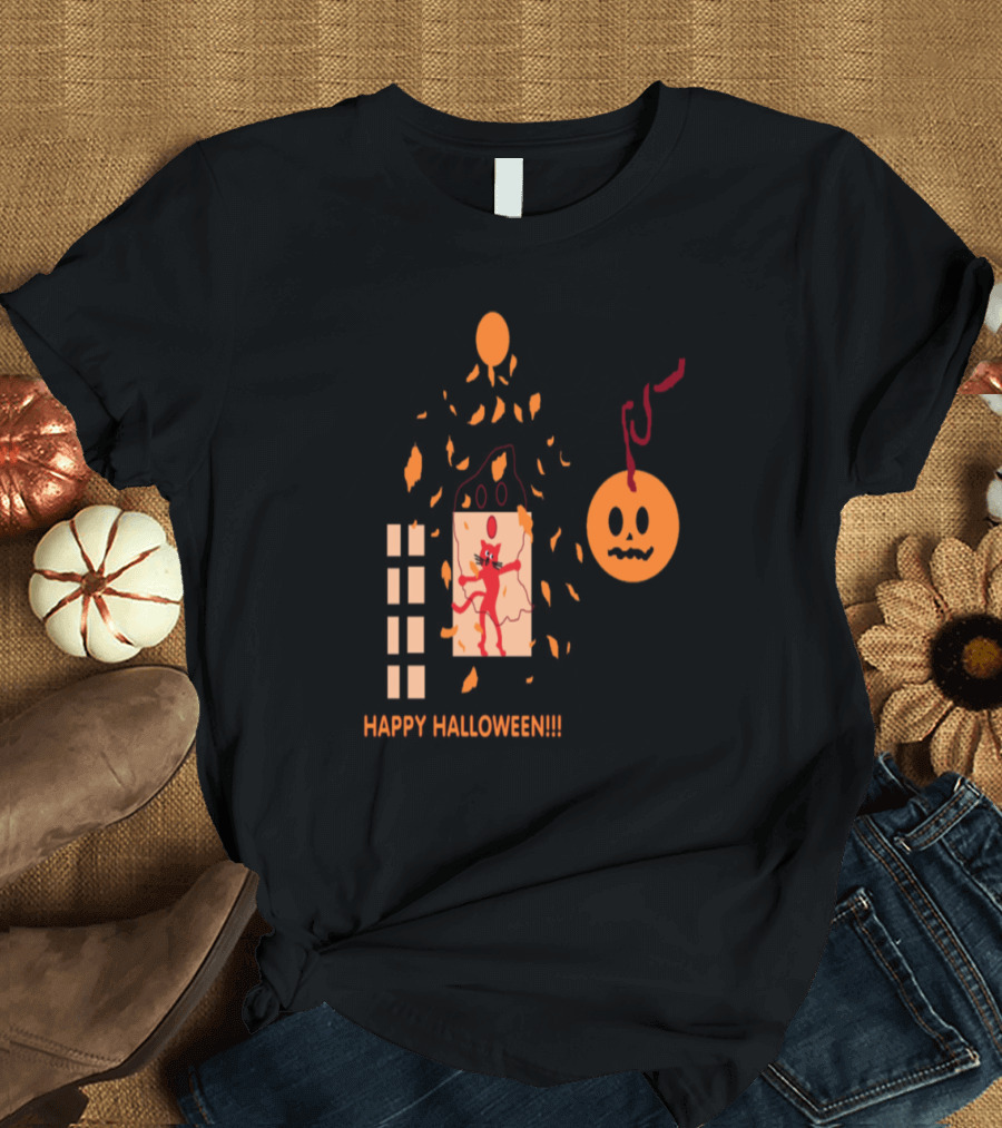 Happy Halloween Cat House with Pumpkin Moon and Hanging Ghostly Face T-Shirt