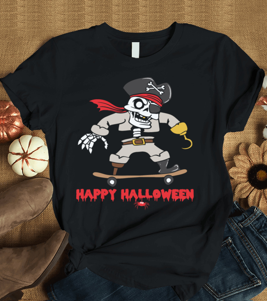 Happy Halloween Pirate Skeleton Skull Skateboarding T-Shirt