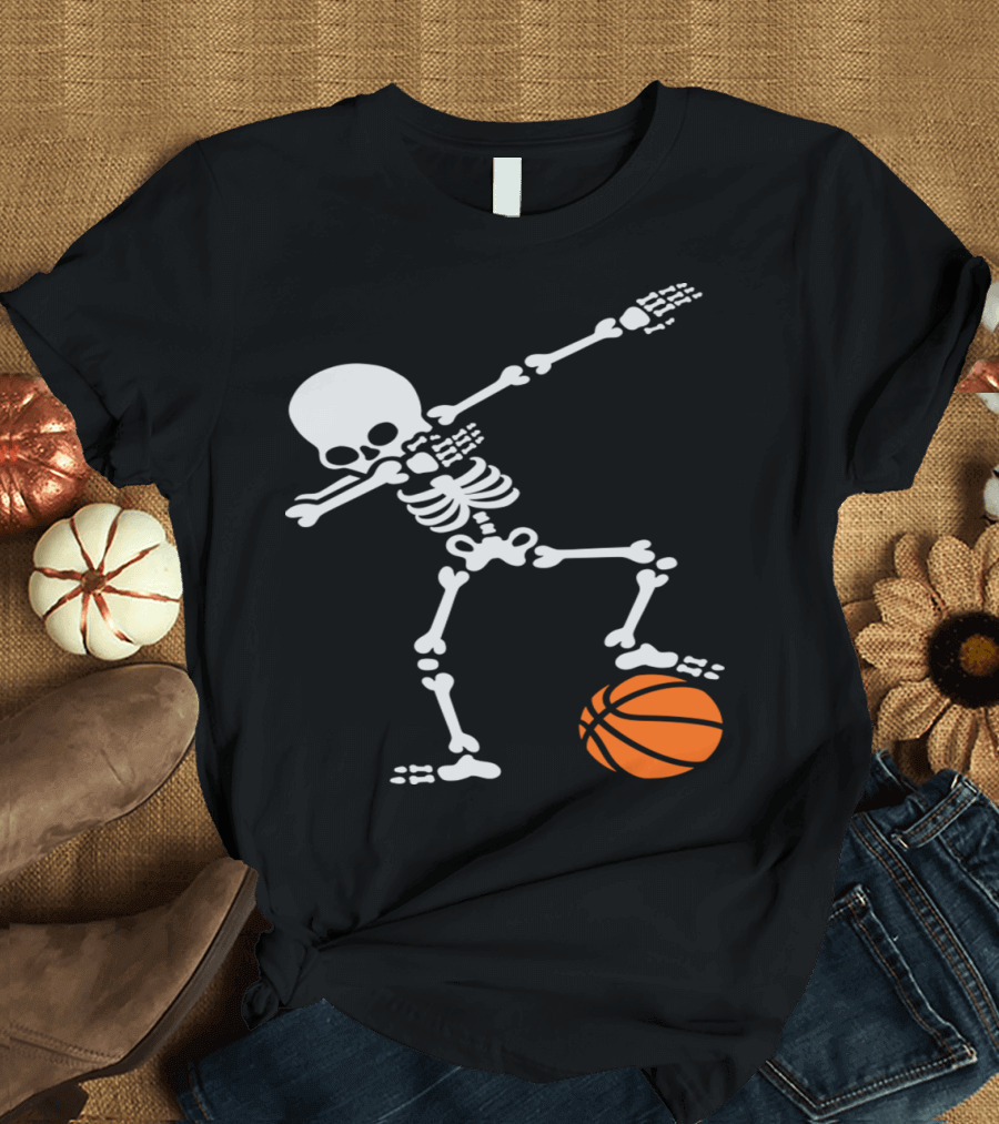 Dabbing Skeleton Holding Football and Basketball T-Shirt