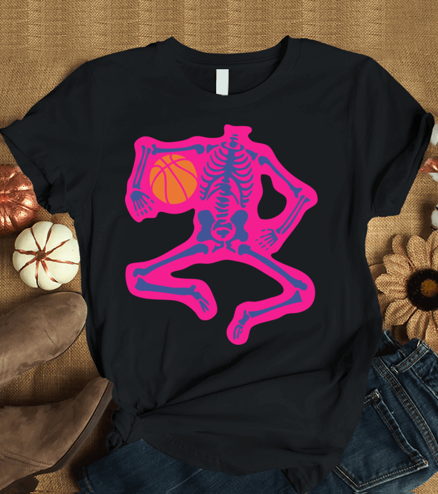 Basketball Skeleton Neon Jump Dunk Vibrant Pink and Blue T-Shirt