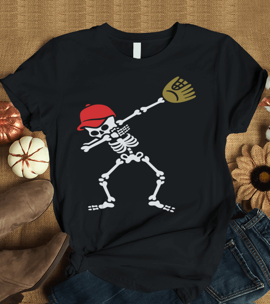 Dabbing Skeleton in Baseball Cap with Glove T-Shirt