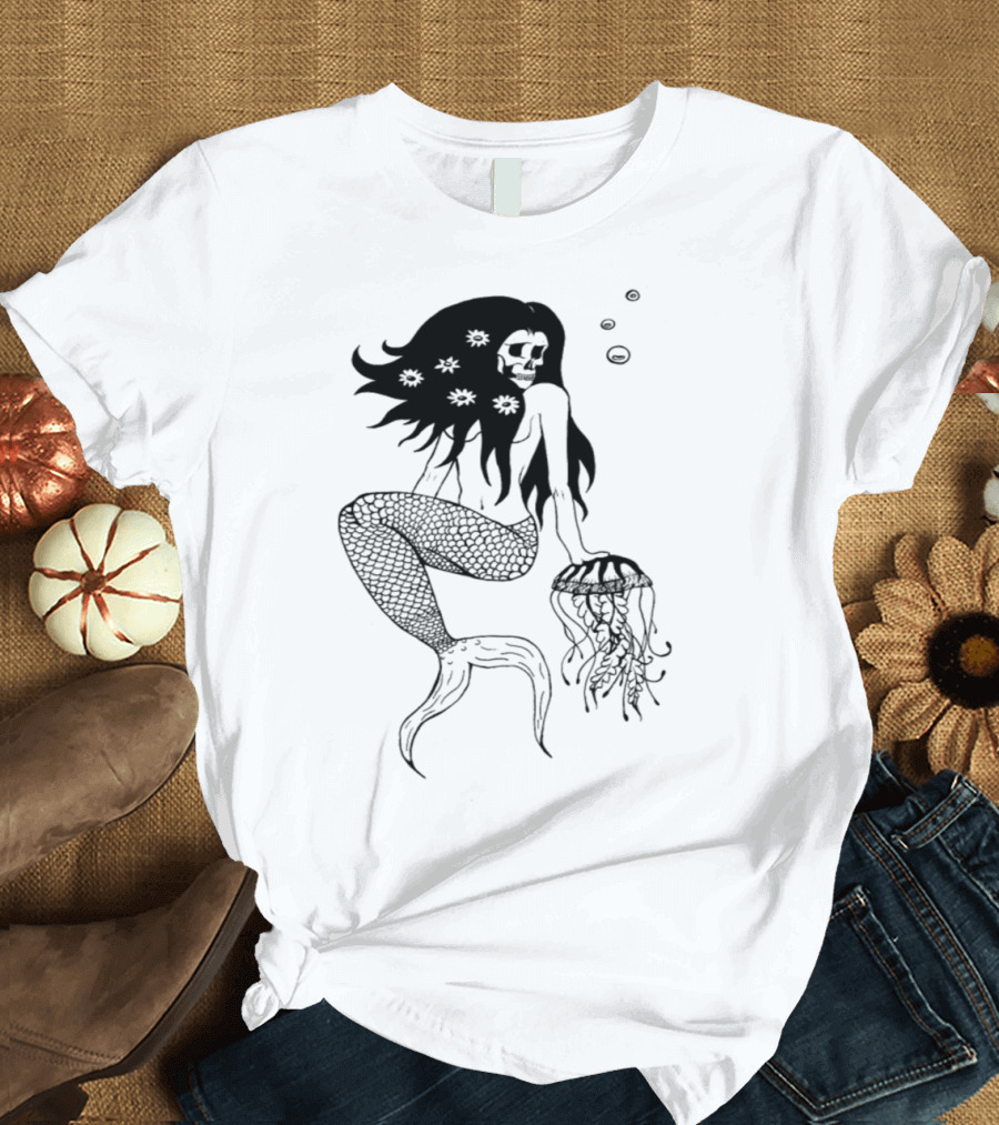 Dark Skeleton Mermaid with Jellyfish and Floating Flowers T-Shirt