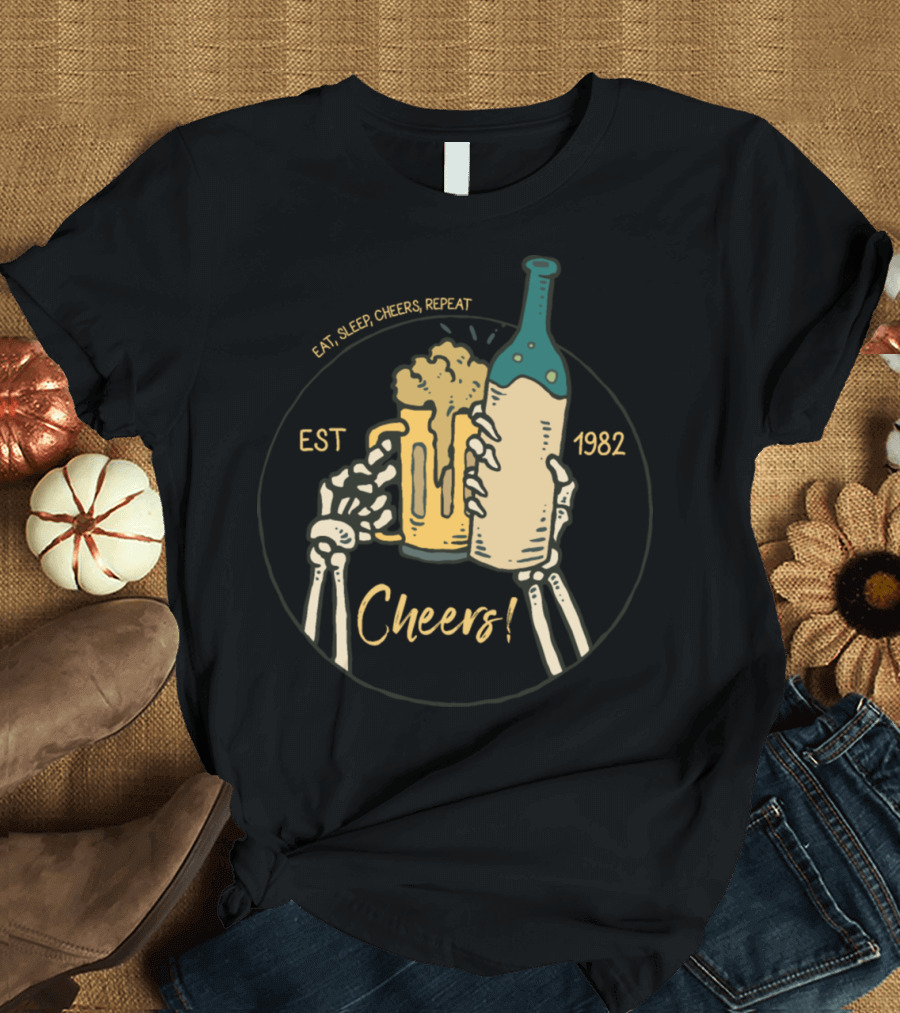 Eat Sleep Cheers Repeat Skeleton Est 1982 Cheers T-Shirt
