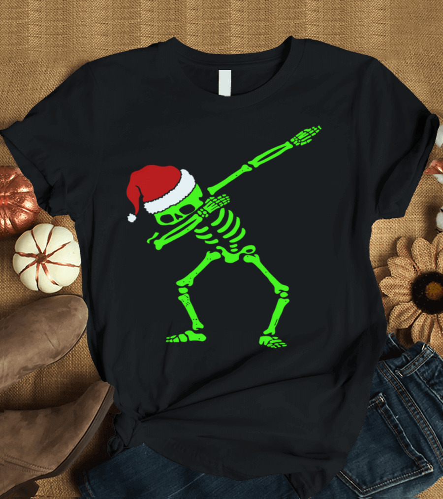 Dabbing Skeleton with Santa Hat Christmas Dance Pose T-Shirt