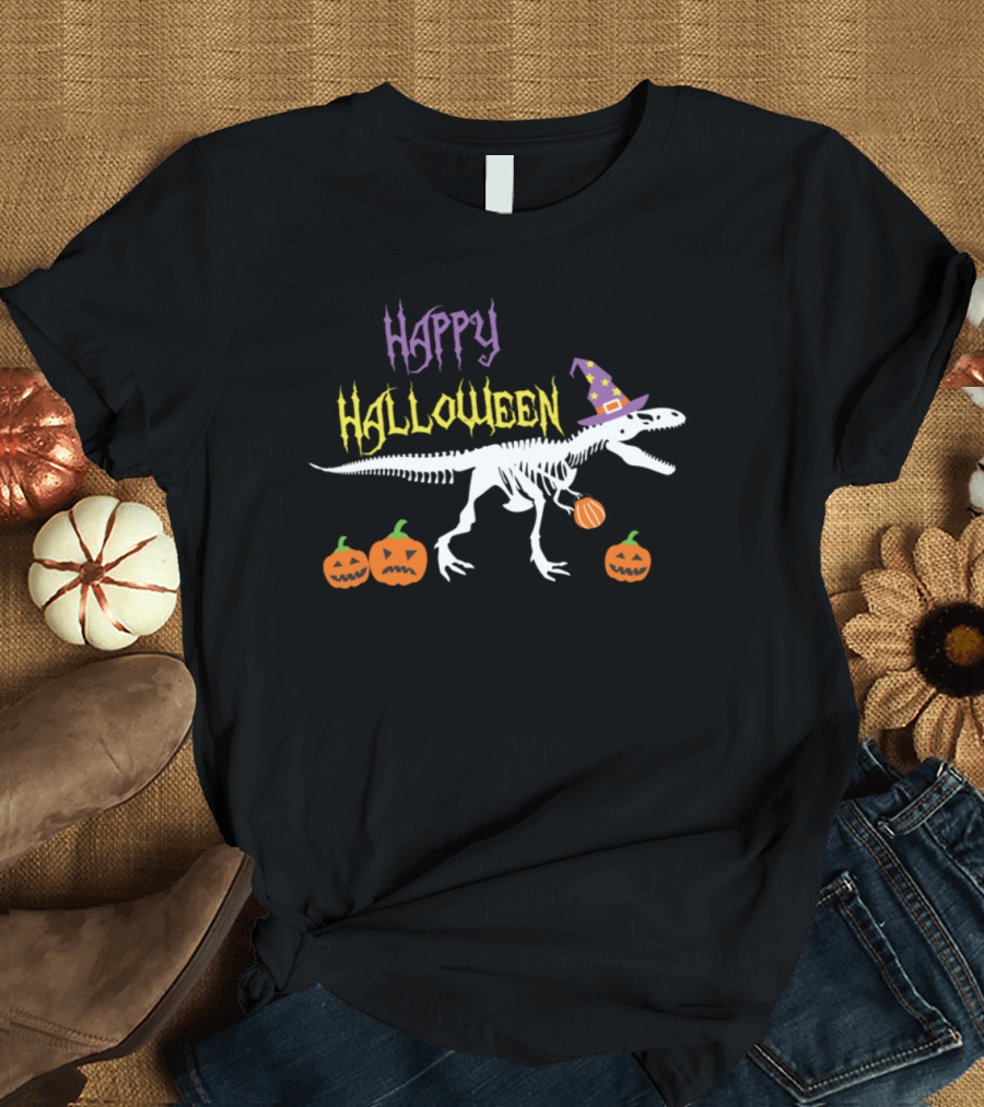 Happy Halloween Skeleton T-Rex with Pumpkin Trick or Treat T-Shirt