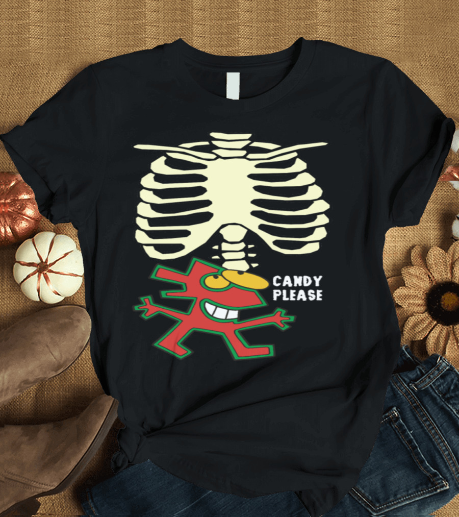 Candy Please Halloween Skeleton Ribcage with Cartoon Character T-Shirt