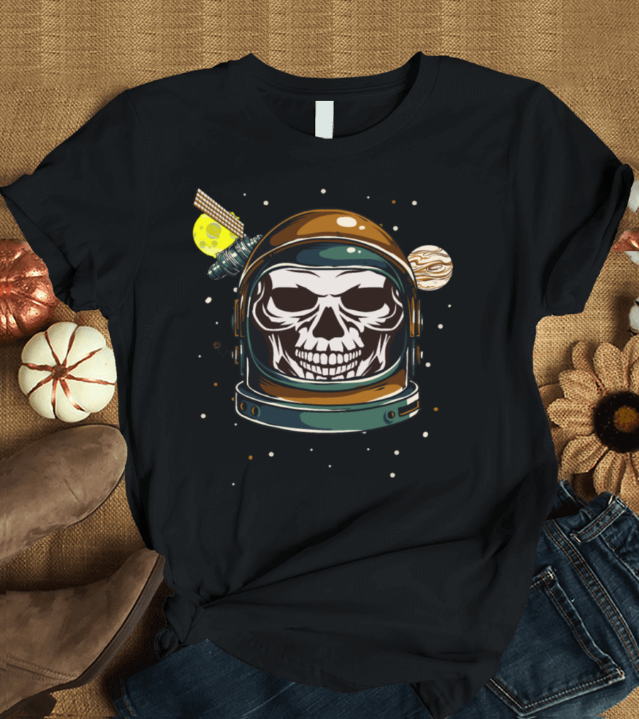Astronaut Skull in Helmet with Planets and Satellite T-Shirt