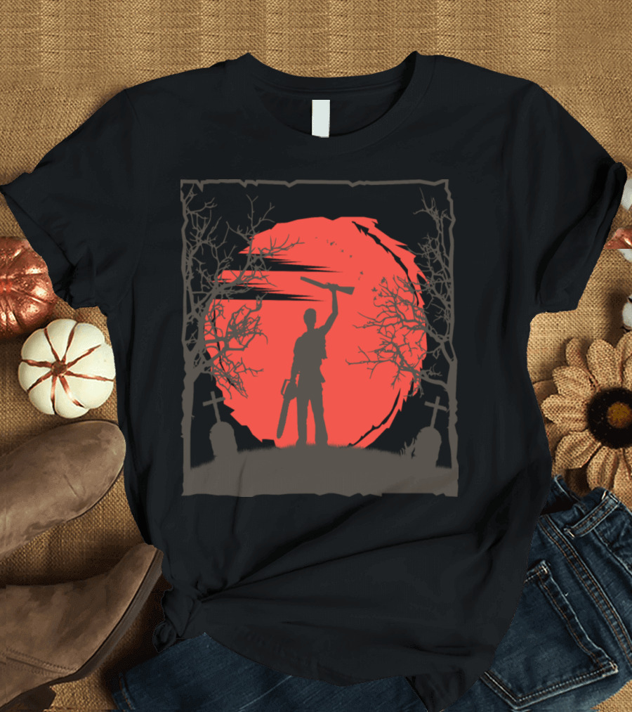 Evil Dead Ash Williams Silhouette with Chainsaw and Rifle Against Red Moon Background T-Shirt