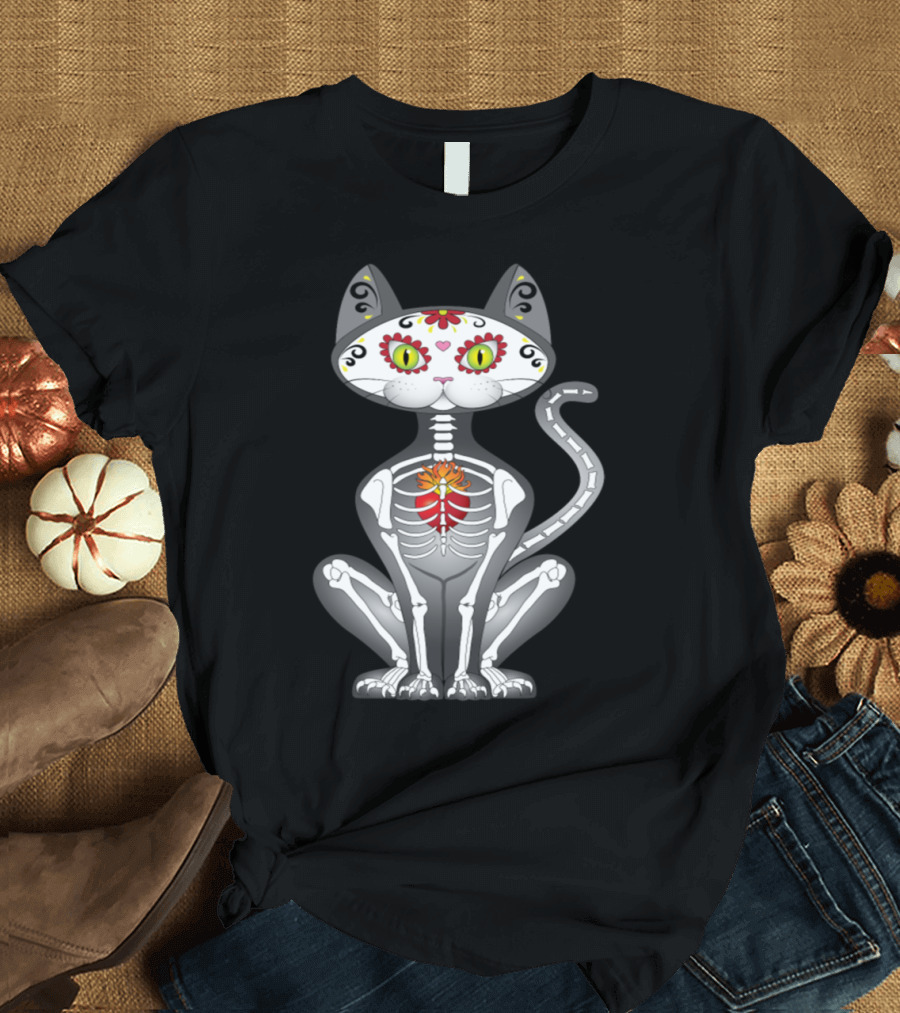 Sugar Skull Cat Skeleton Floral T-Shirt