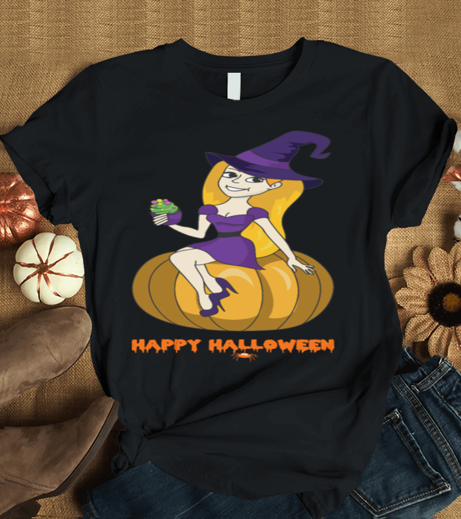 Happy Halloween Witch Sitting on Pumpkin Holding Cupcake T-Shirt