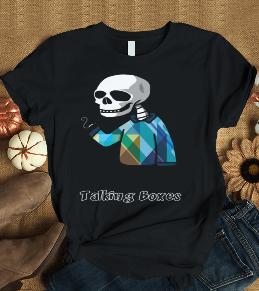 Talking Boxes Skeleton in Argyle Sweater Smoking T-Shirt