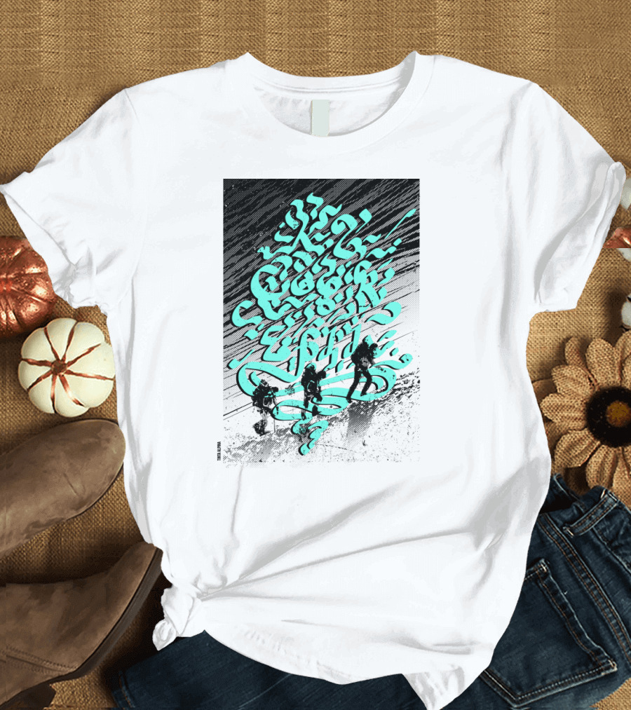 K2 Alpinistes Bold Graphic with Abstract Teal Script and Climbers T-Shirt