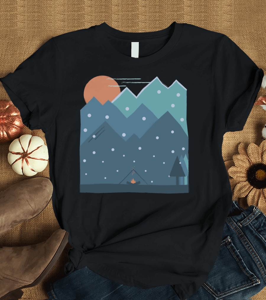 Winter Dream Night Scene with Snowy Mountains and Campfire Under Orange Moon T-Shirt