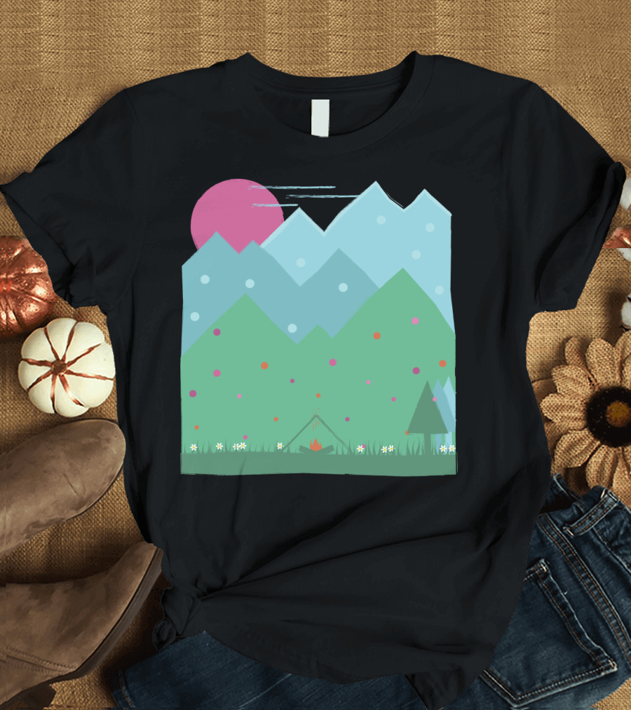 Spring Dream: Serene Mountain Camping Under Pink Moon Sky T-Shirt